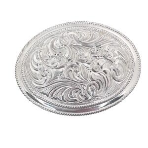 Vintage Crumrine Belt Buckle Silver Plate Western Scroll USA Made Reno NV